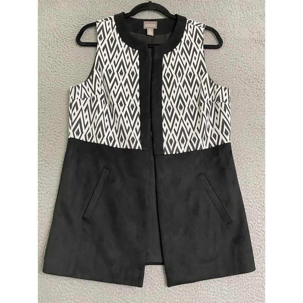 Chico’s Women’s Vest Open Front Black White Jacquard & Faux Suede Pockets Size S
